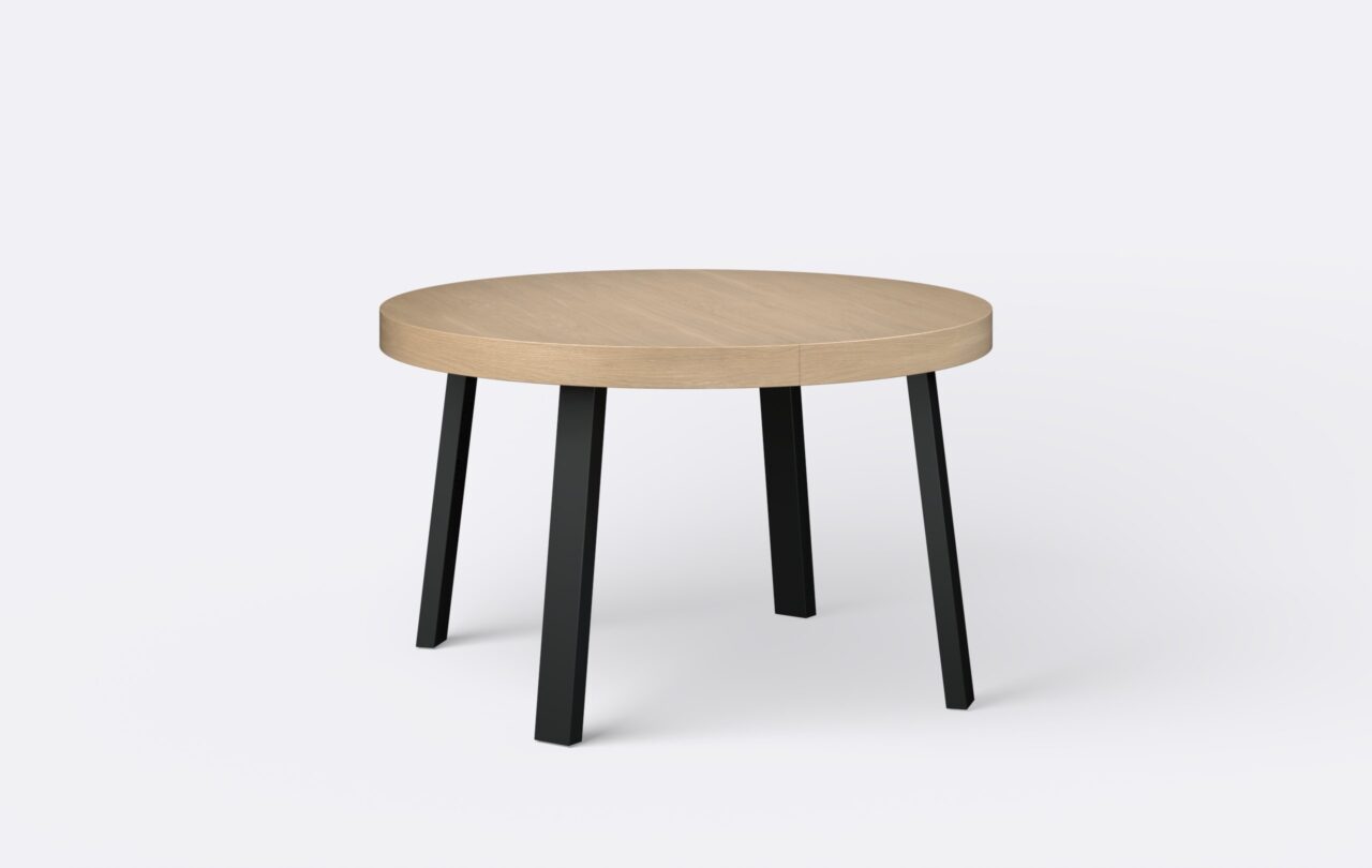 Loftowy stół z czarnymi nogami, blat w kolorze naturalnym, z funkcją rozkładania.