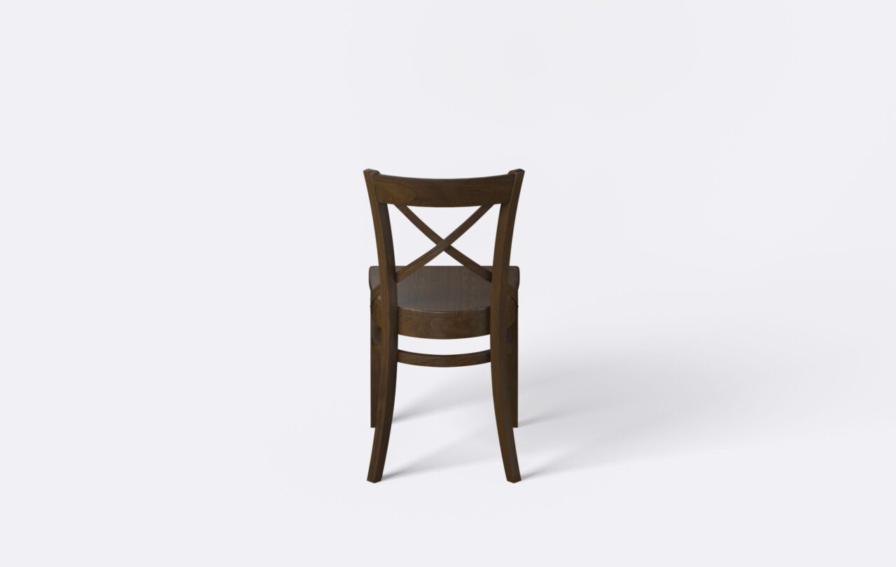 Krzesło z krzyżakiem do salonu z litego drewna, w ciemnej kolorystyce.