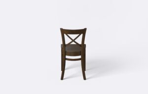 Krzesło z krzyżakiem do salonu z litego drewna, w ciemnej kolorystyce.