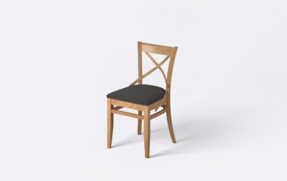 Nowoczesne krzesło do jadalni i salonu z tapicerowanym szarym siedziskiem, jasne drewno.