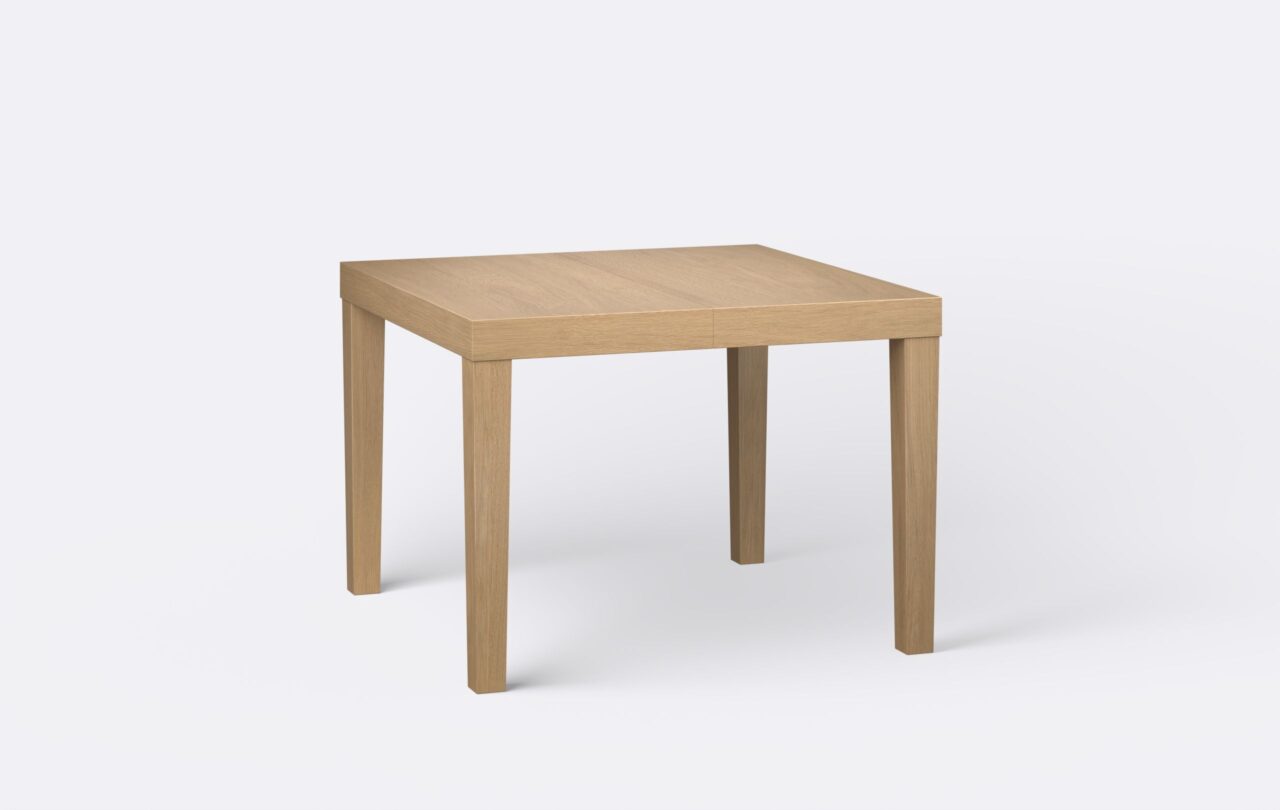 Klasyczny kwadratowy stół na czterech nogach z możliwością rozkładania, w stylu skandynawskim, o jasnych odcieniach dębu.
