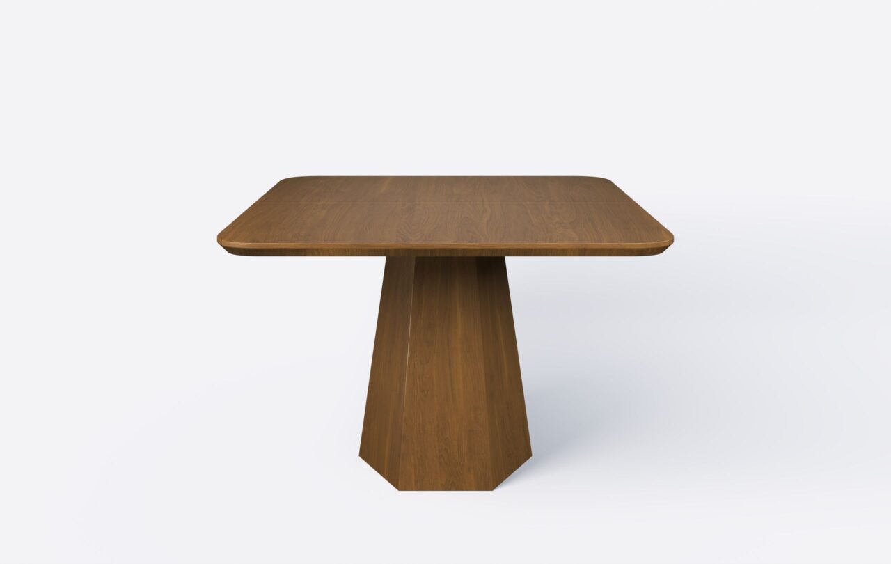 Stół z kwadratowym blatem na podstawie, możliwość rozłożenia, w kolorze orzecha, krawędź podcięta.