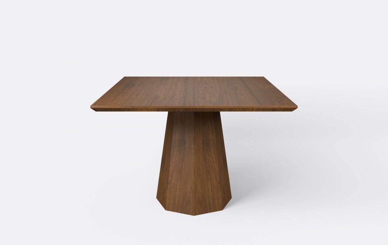 Kwadratowy stół na ośmiokątnej nodze, z funkcją rozkładania, marki Borme, dla 4 osób, wykonany z forniru dębowego, nowoczesny, minimalistyczny, boho.