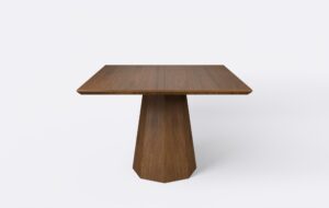 Kwadratowy stół na ośmiokątnej nodze, z funkcją rozkładania, marki Borme, dla 4 osób, wykonany z forniru dębowego, nowoczesny, minimalistyczny, boho.