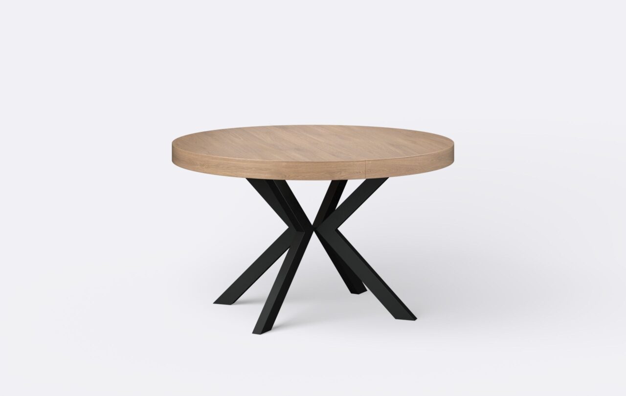 Industrialny okrągły stół z funkcją rozkładania, na stalowych nogach w kolorze czarnym, gruby blat o bezbarwnym wybarwieniu.