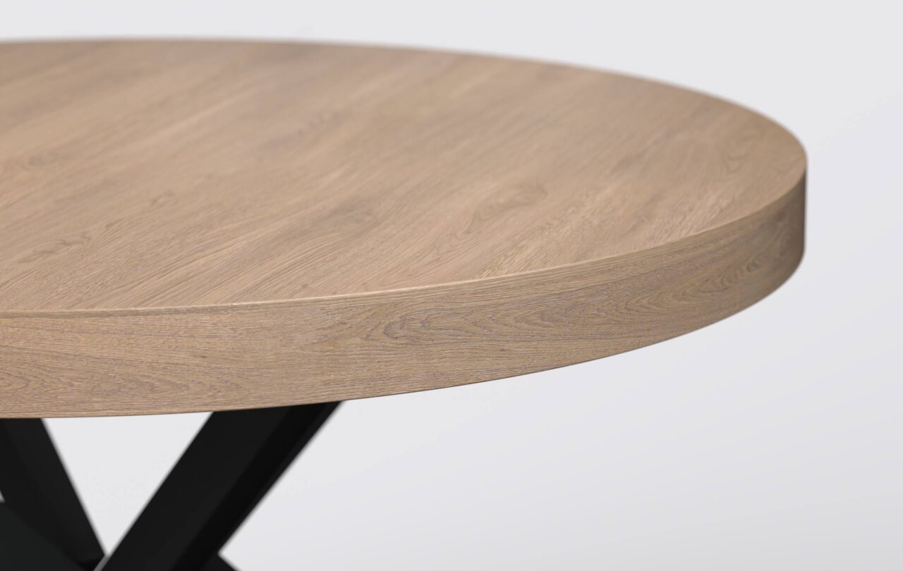 Okrągły blat o grubości ośmiu centymetrów, nogi lakierowane proszkowo, możliwość rozłożenia.