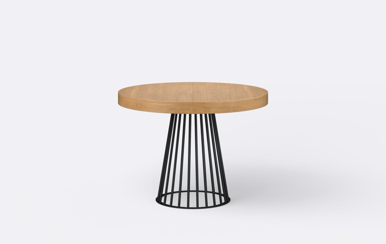 Okrągły stół na jednej nodze w stylu loftowym, noga wykonana z metalu.