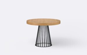 Okrągły stół na jednej nodze w stylu loftowym, noga wykonana z metalu.