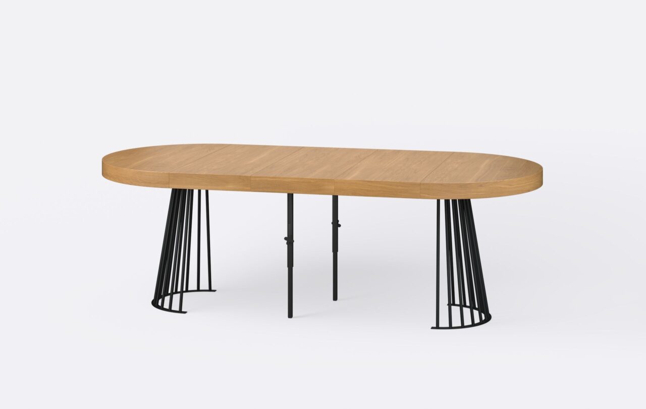 Rozłożony stół jadalniany z trzema wkładkami, grubość blatu 8 cm.