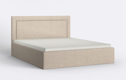 Łóżko tapicerowane z materacem i pojemnikiem.