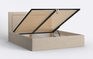 Łózko tapicerowane welur beżowy, z pojemnikiem na pościel.