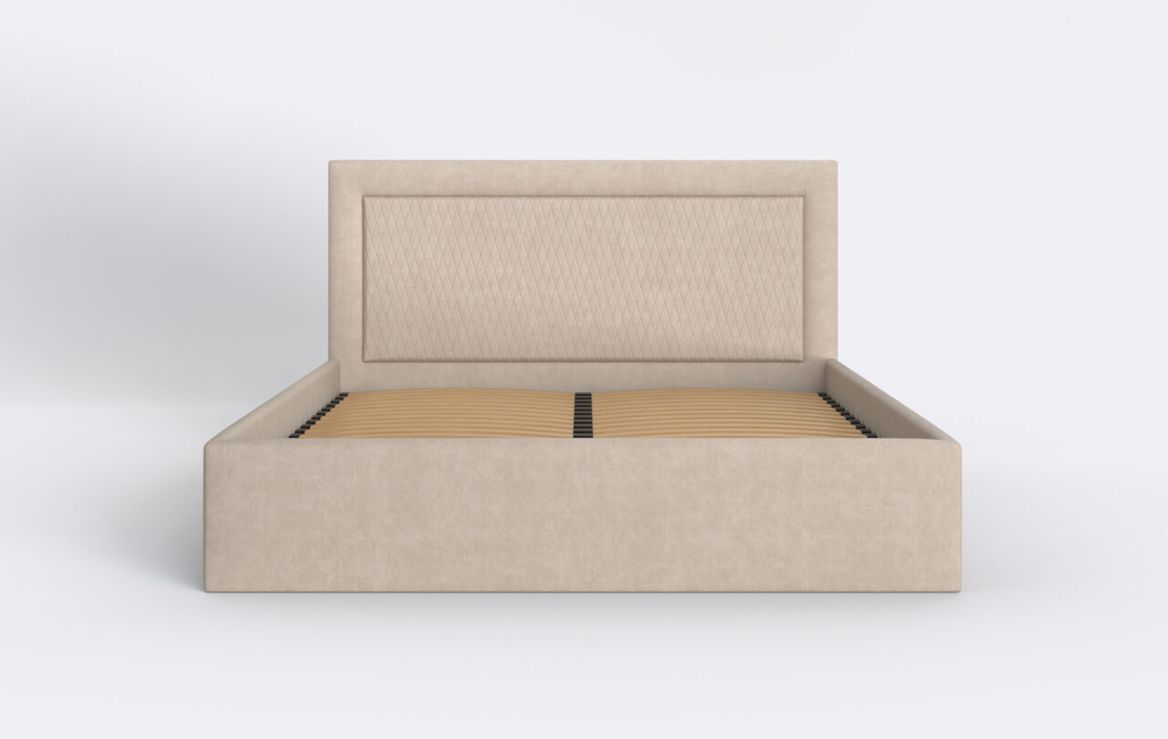 Beżowe łóżko tapicerowane z podnoszonym stelażem.
