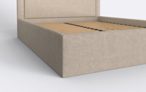 Tapicerowane łóżko nowoczesne, podnoszony stelaż i pojemnik na pościel.