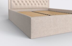 Łóżko z metalowym stelażem i pinezkami, pikowane, jasny welur.