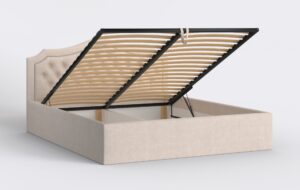 Łóżko pikowane z podnoszonym stelażem i pojemnikiem na pościel, welurowe, beżowe.