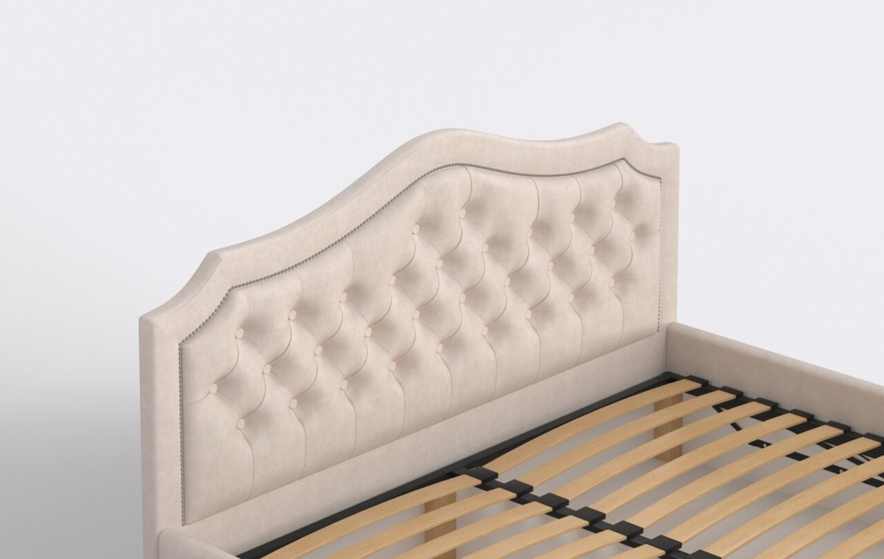 Wezgłowie pikowane łózka tapicerowanego, beżowy welur, pinezki.