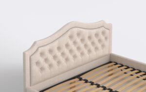 Wezgłowie pikowane łózka tapicerowanego, beżowy welur, pinezki.