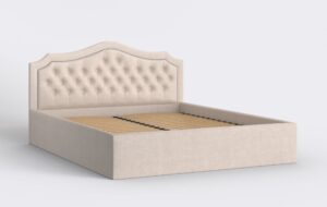 Łóżko sypialniane pikowane bez materaca, z metalowym stelażem i pojemnikiem na pościel.