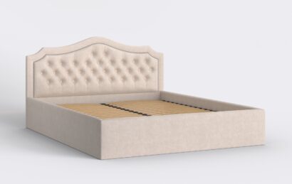 Łóżko sypialniane pikowane bez materaca, z metalowym stelażem i pojemnikiem na pościel.