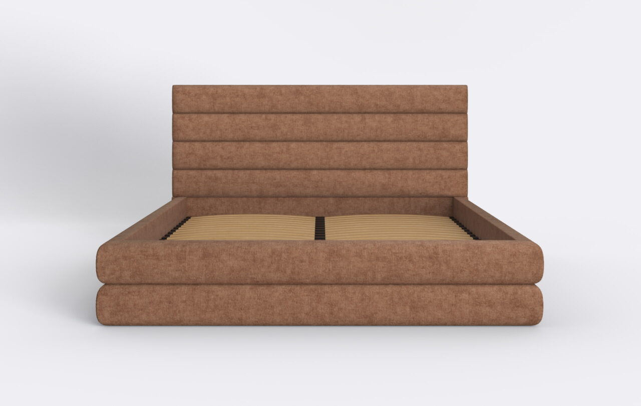 Łóżko sypialniane z paneli tapicerowanych, do nowoczesnych wnętrz.