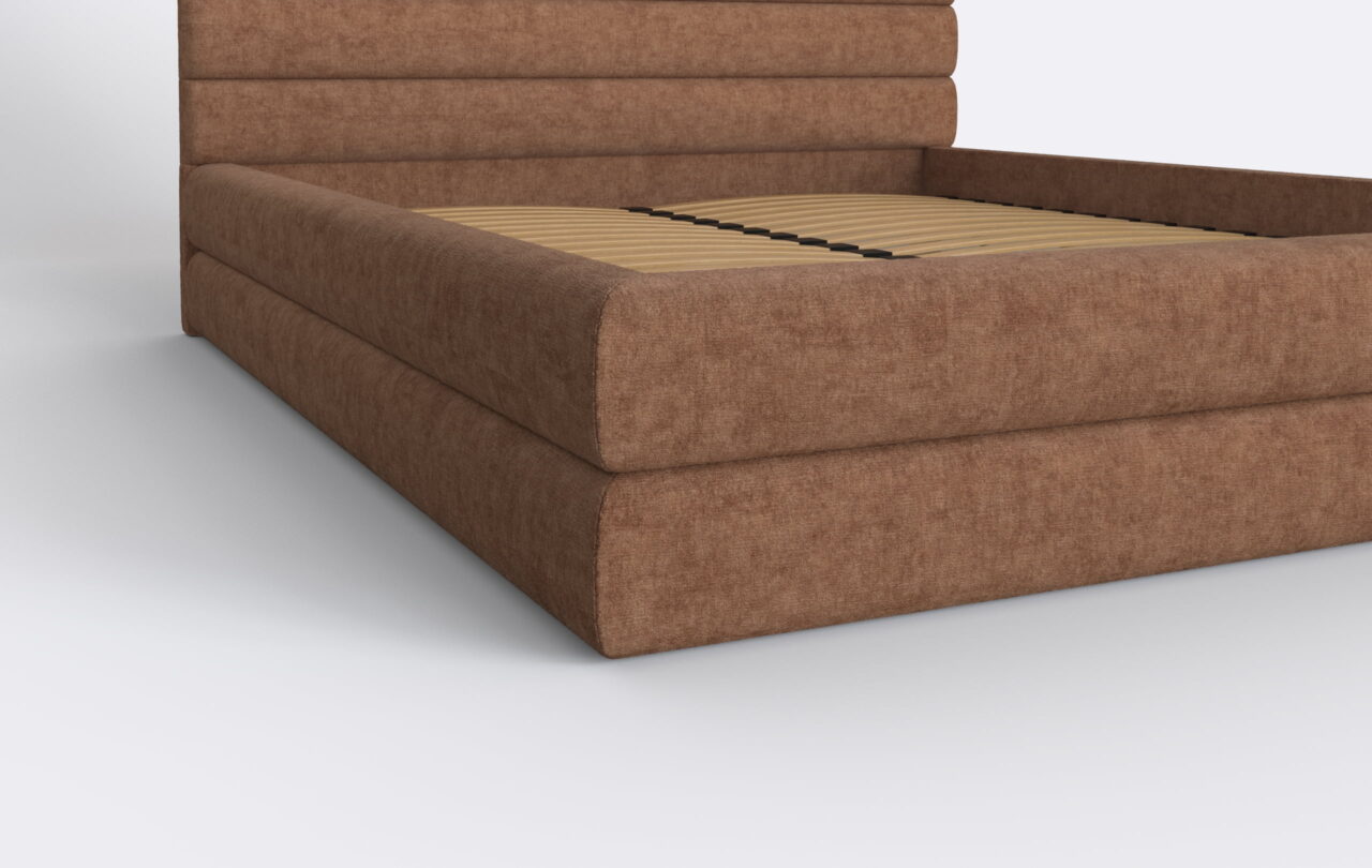 Łóżko tapicerowane z metalowym stelażem i pojemnikiem na pościel.