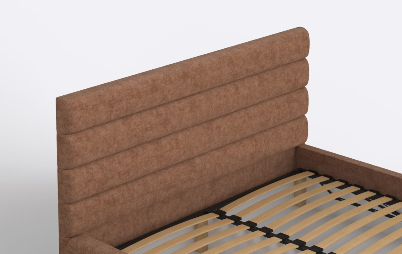 Łóżko tapicerowane z wysokim zagłówkiem.