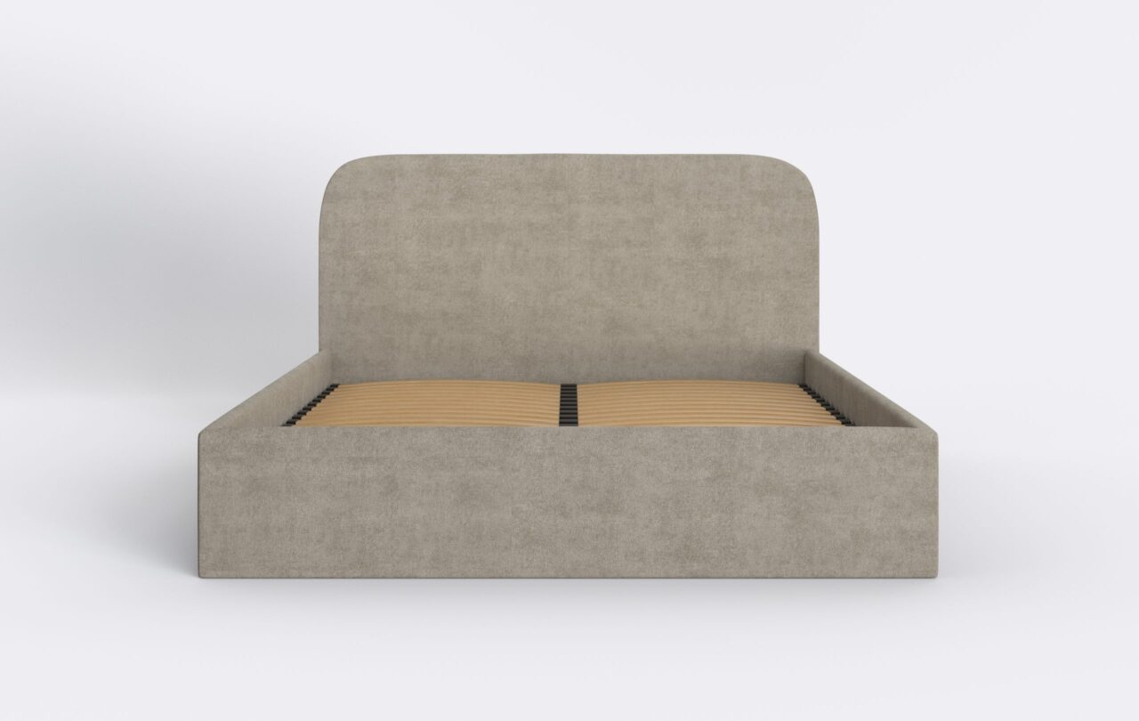 Ciemny beż łóżko tapicerowane z wysokim wezgłowiem, o minimalistyczny designie, idealne do nowoczesnej sypialni.