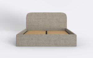 Ciemny beż łóżko tapicerowane z wysokim wezgłowiem, o minimalistyczny designie, idealne do nowoczesnej sypialni.