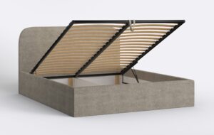 Minimalistyczne łóżko boho, tapicerowane, podnoszony stelaż i pojemnik.