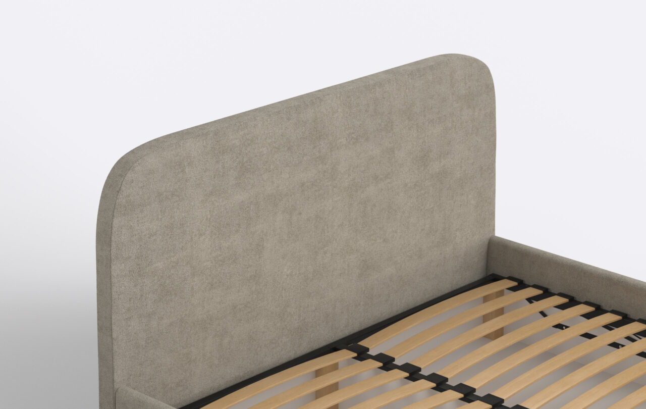 Minimalistyczne łóżko tapicerowane, szare, styl boho.