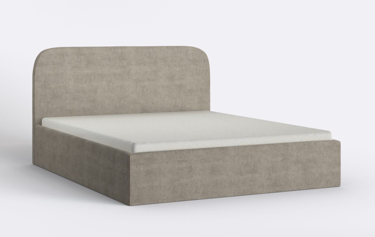 Szare łóżko tapicerowane do sypialni z materacem, minimalistyczny design.