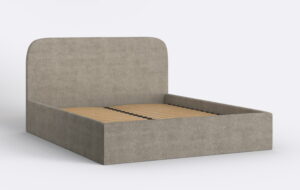 Obłe łóżko do sypialni z pojemnikiem na pościel, bez materaca.