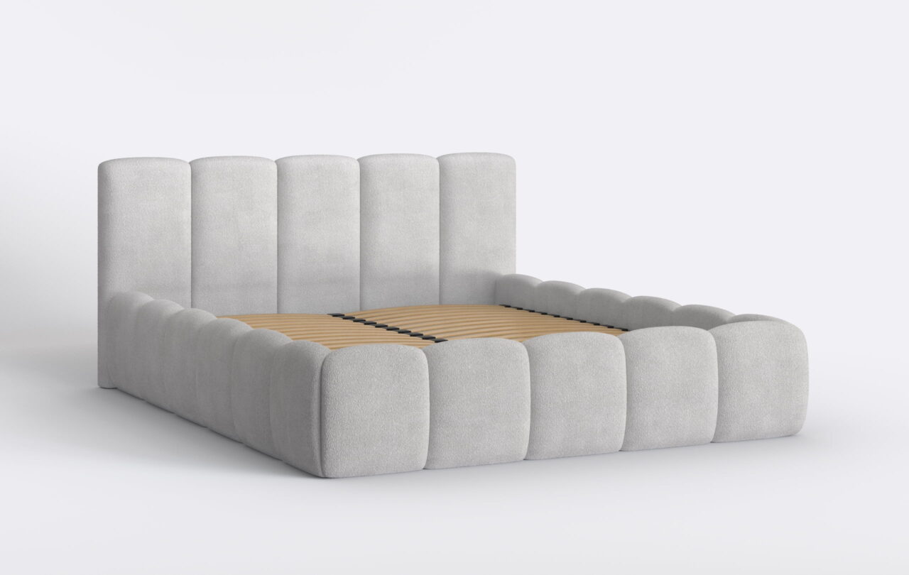 Łóżko sypialniane tapicerowane z pojemnikiem na pościel.