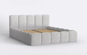 Łóżko sypialniane tapicerowane z pojemnikiem na pościel.