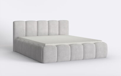 Szare łóżko tapicerowane z materacem.