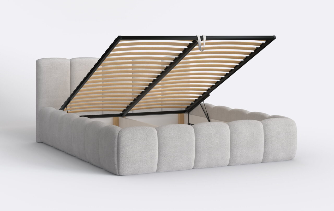 Łóżko tapicerowane boucle z pojemnikiem na pościel.