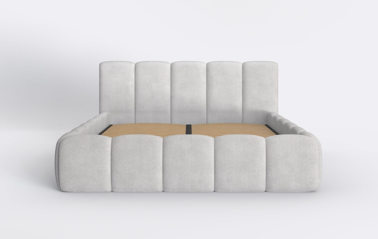 Łóżko boucle tapicerowane, z metalowym stelażem i pojemnikiem.