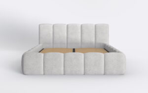 Łóżko boucle tapicerowane, z metalowym stelażem i pojemnikiem.