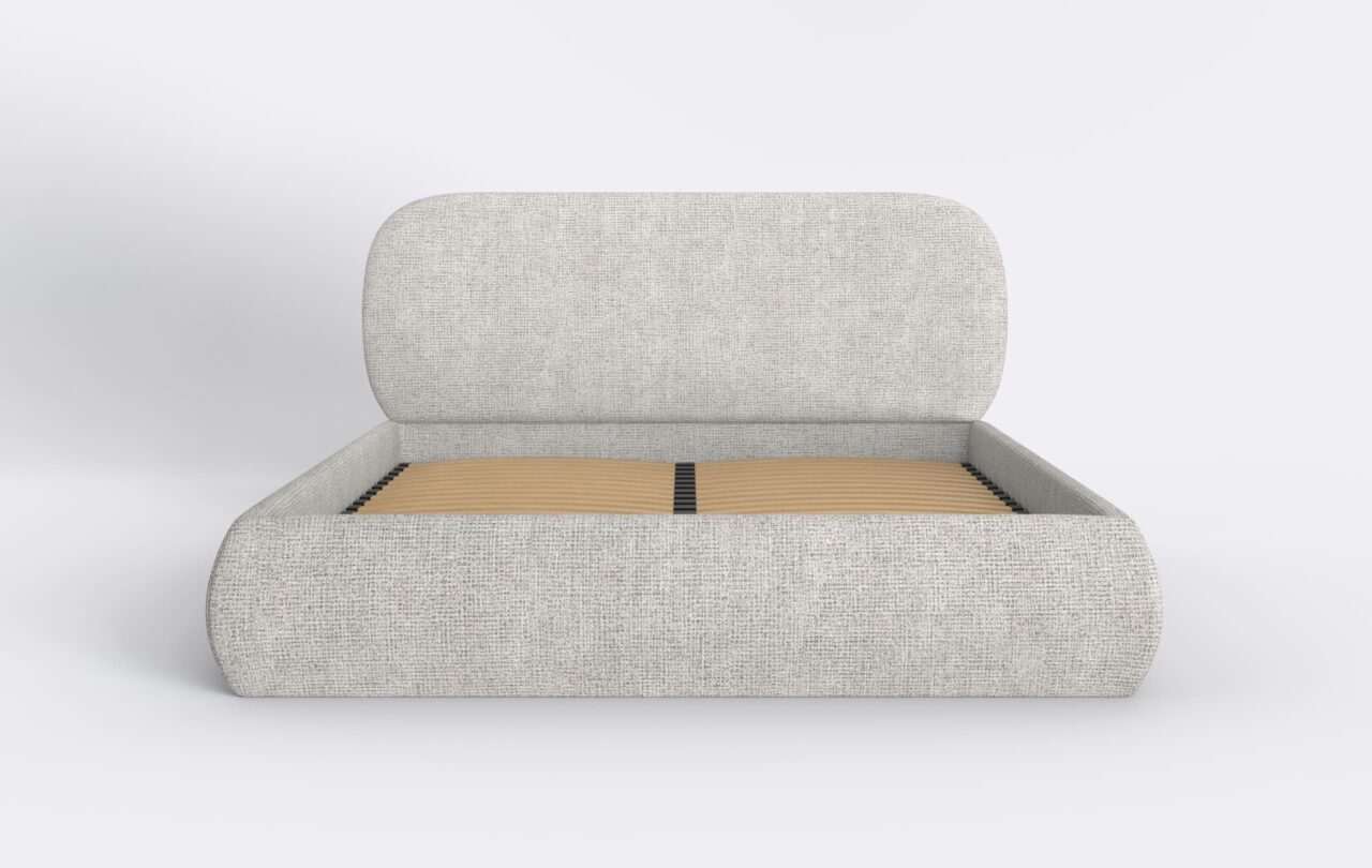 Łóżko tapicerowane z obłym zagłówkiem, do sypialni w stylu japandi.