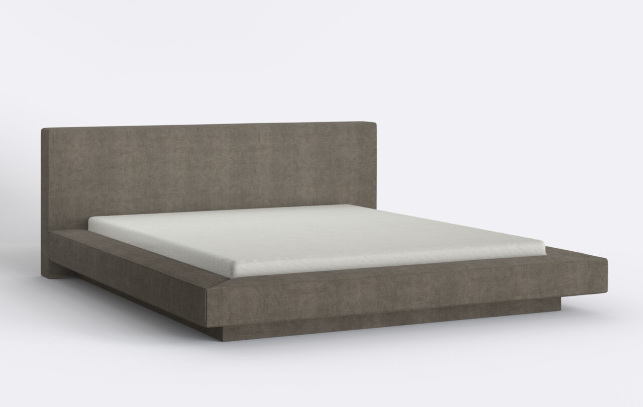 Lewitujące łóżko z materacem i pojemnikiem na pościel.