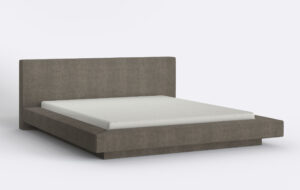 Lewitujące łóżko z materacem i pojemnikiem na pościel.