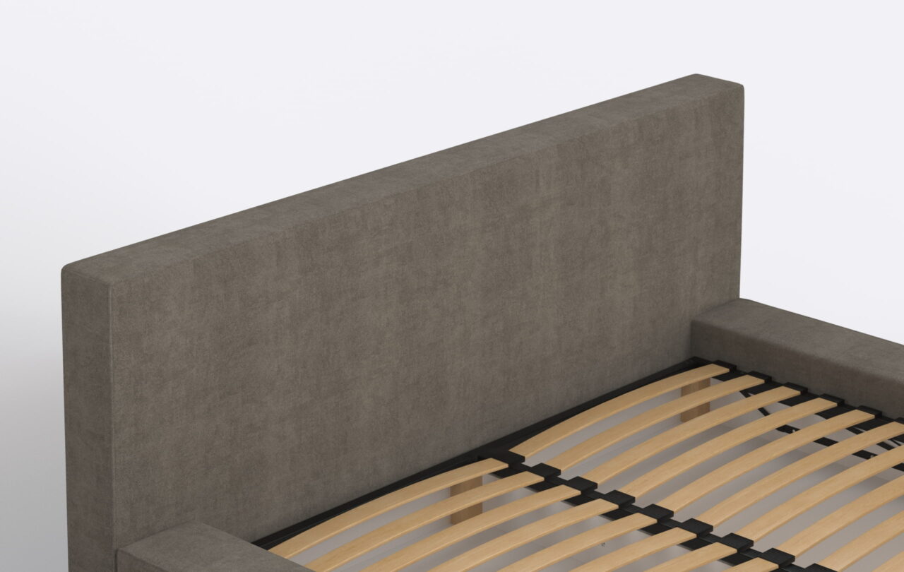 Wezgłowie łózka tapicerowanego, wykonane z tkaniny typu plecionka.