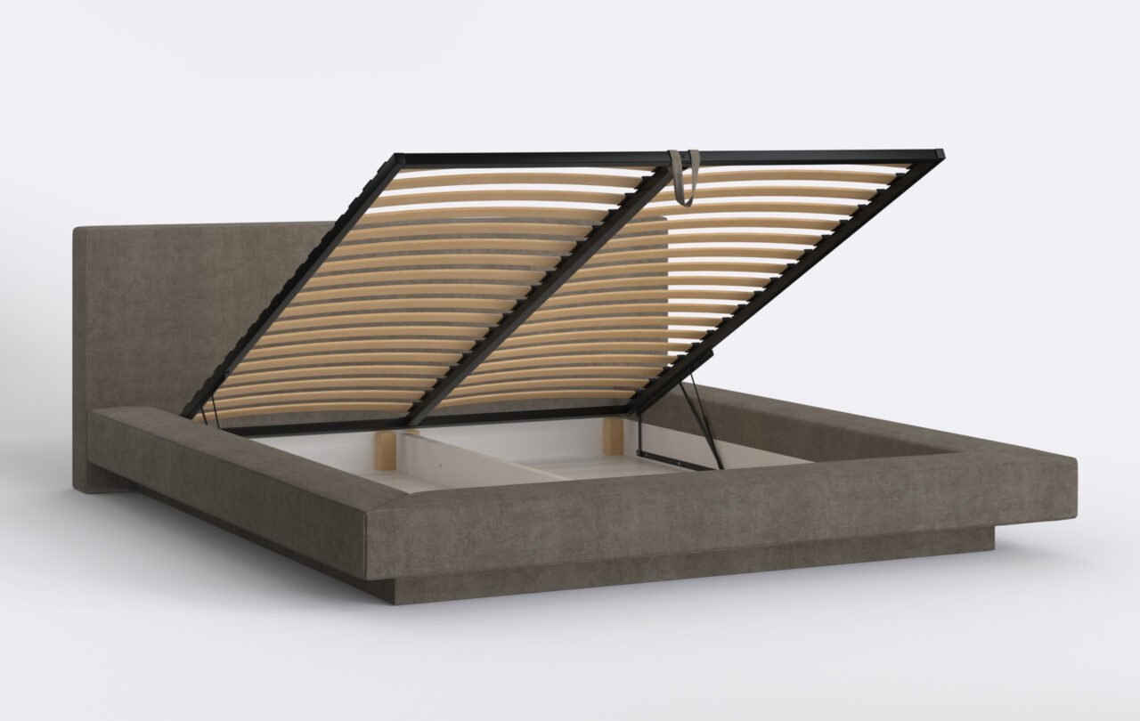 Podwieszane łóżko tapicerowane z podnoszonym stelażem.