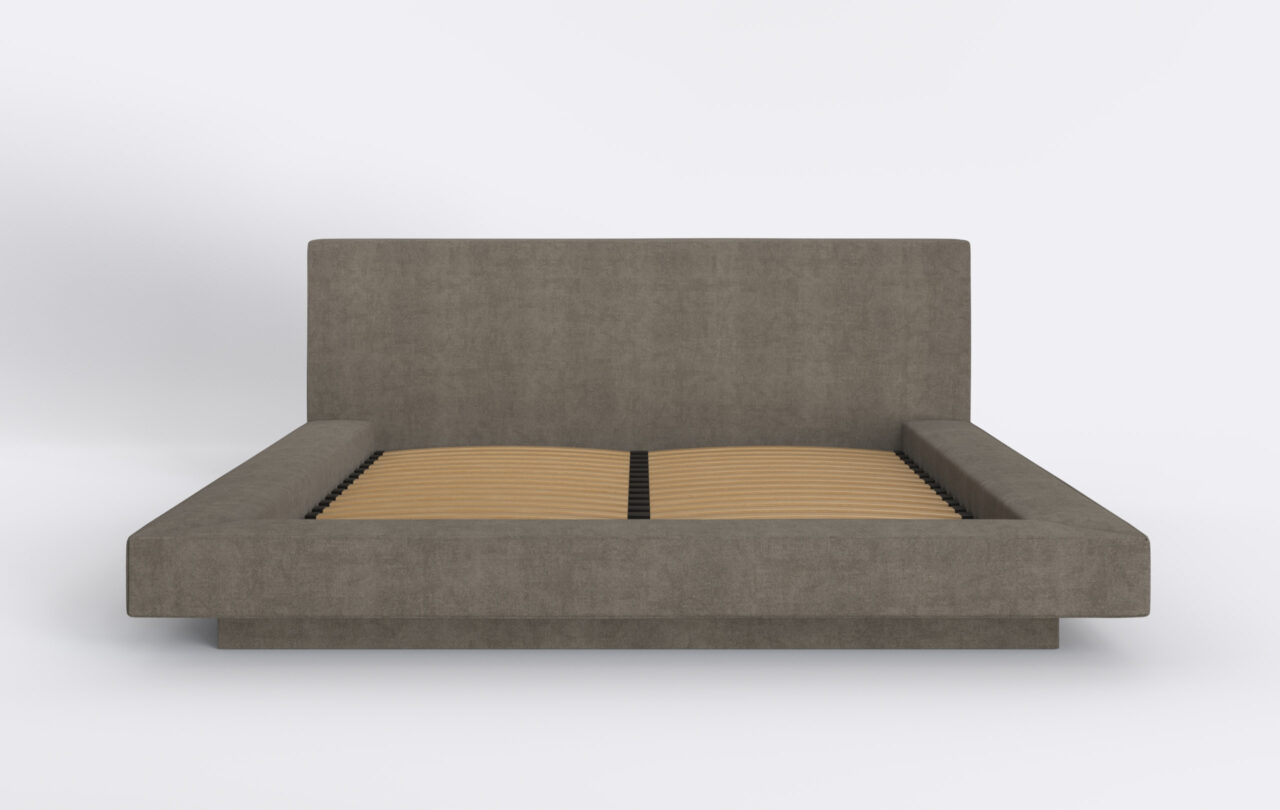 Łóżko tapicerowane z pojemnikiem i metalowym stelażem, idealne do nowoczesnej sypialni.