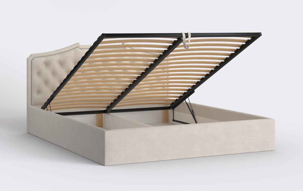 Beżowe łóżko tapicerowane z pinezkami, pikowane.
