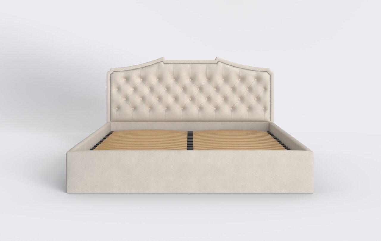 Beżowe łóżko do sypialni pikowane, z metalowym stelażem i pojemnikiem na pościel.