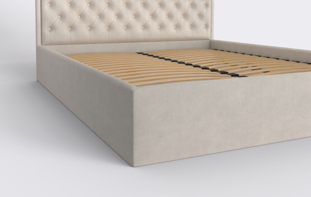 Łóżko do sypialni tapicerowane, z pojemnikiem na pościel.