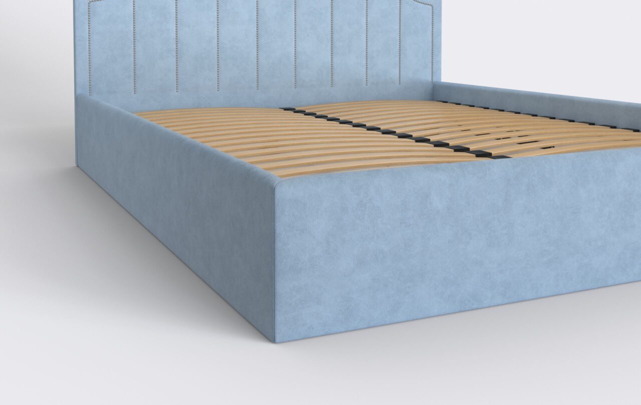 Niebieskie łożko welurowe z pinezkami, glamour, do sypialni, ze stelażem i pojemnikiem na pościel.
