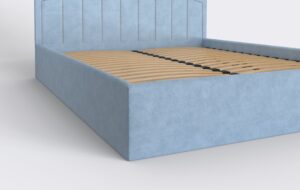 Niebieskie łożko welurowe z pinezkami, glamour, do sypialni, ze stelażem i pojemnikiem na pościel.