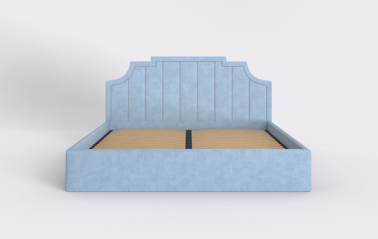 Łóżko dwuosobowe tapicerowane z pinezkami, otwierany stelaż z pojemnikiem.